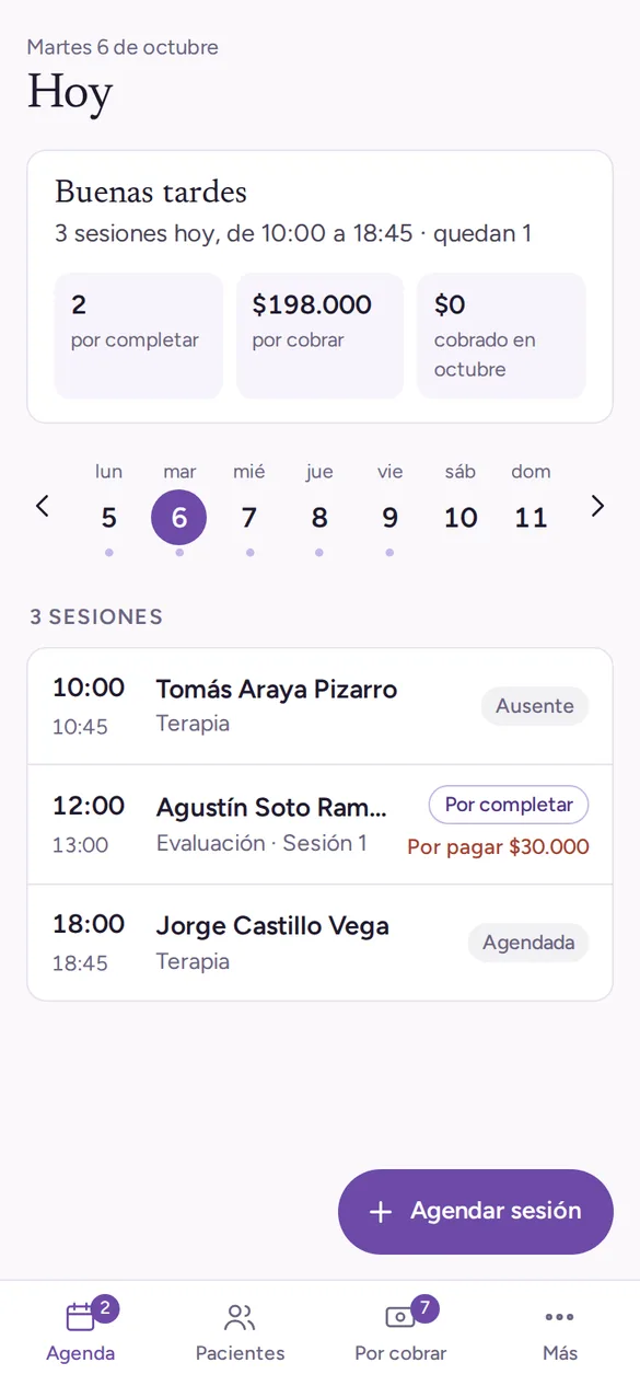 App para celular: agenda del día con las sesiones y el aviso de sesiones por completar