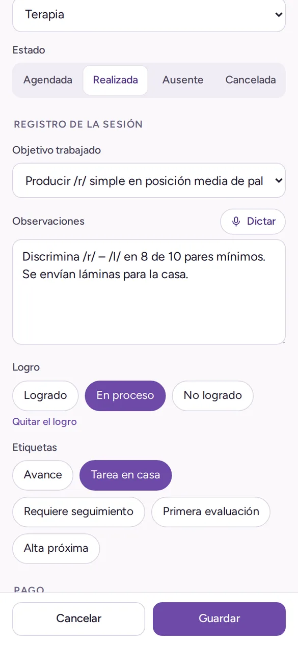App para celular: registro de una sesión con observaciones, logro y etiquetas